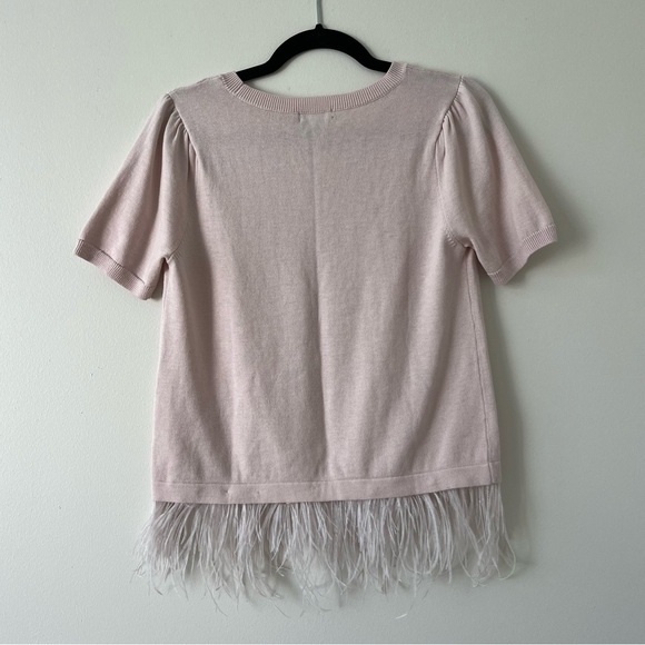 Halogen Short Sleeve Ostrich Feather Hem Sweater Light Baby Pink Size S - Picture 5 of 9